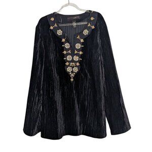 Venezia Womens Velvet Beaded Shirt Womens Size 18/20 Black Embroidered Ribbed